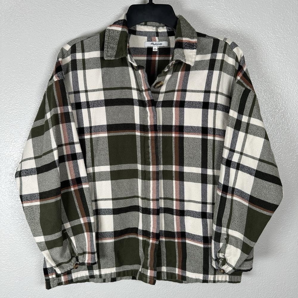 Madewell Flannel Bromley Plaid Shirt Womens Size XS Green Cream Cotton Buttons